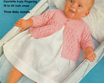PDF Vintage Baby Knitting Pattern 1960s 3 Matinee Jackets Yoke Lacy Baby Doll Ribbons Heirloom Hayfield H380 Kitsch Pink Baby Girl RARE