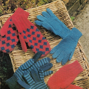 May include: Four pairs of knitted children's gloves and mitts in red, blue, and white. The gloves are displayed on a wicker basket. The text "PATONS" and "D.K. & 4 ply" is visible in the image.
