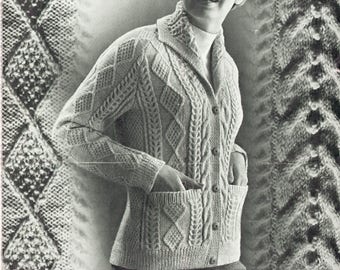 PDF Vintage Womens Ladies Knitting Pattern 1960s Larger ARAN Garry Owen Garryowen Collar Cardigan Jacket Flying Fox FF.29 Sex Kitten