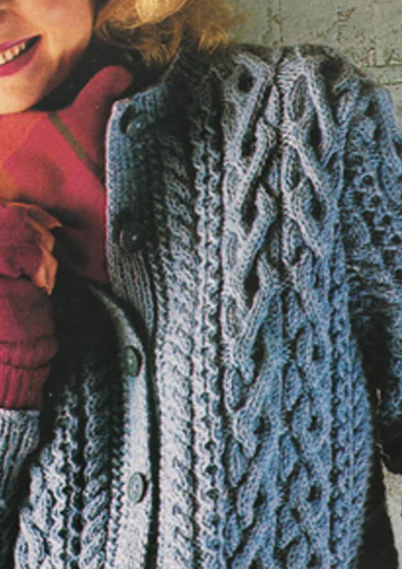 PDF Vintage Pretty Womens Ladies BLUE Knitting Pattern ARAN Jacket Cardigan 1980s Robin Interlocking Cables Winter Snuggly Classic Retro