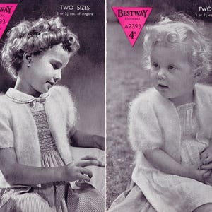 PDF Vintage 1950s Baby Girl 2 Bolero Knitting Pattern Bestway A2392 Patons Fuzzy-Wuzzy ANGORA Toddler Cardigan War Time Ephemera Party