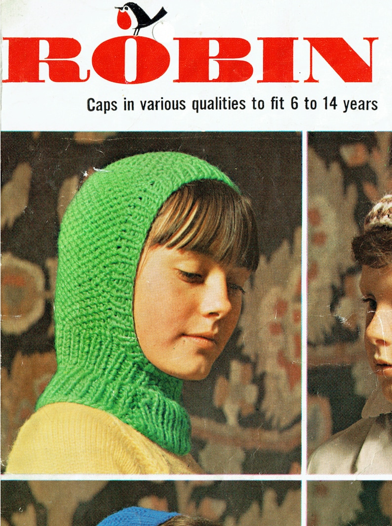 PDF Vintage Kids Childrens Balaclava Hats Knitting Pattern Helmet Robin 1600 Bobble Scandinavian Snowflake 1970s Teenager Winter image 2