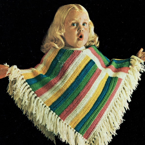 PDF Vintage Pretty Girls STRIPEY Poncho  Crochet Pattern Twilley's 840  Psychedelic Funky with Fringing Child Kids Hippy Rainbow