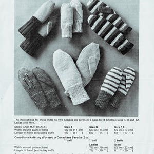 May include: A knitting pattern for Canadiana Mitts for the family. The pattern includes instructions for five sizes: 4, 8, and 12 for children, and ladies and men. The pattern uses Canadiana Knitting Worsted or Canadiana Sayelle yarn. The pattern includes instructions for tension and yarn requirements.
