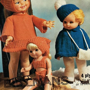 May include: Three vintage dolls wearing knitted outfits. One doll is in an orange dress and matching head covering. Another doll is in a blue outfit with a white purse and hat. The third doll is wearing an orange bikini and head covering. The word "BELLMANS" is printed on the image.