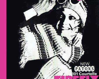 PDF Vintage 1960s Ladies BULKY Pom Pom Hat Scarf & Mittens Knitting Pattern Womens 70s Winter Boho Mod Hippy Chick Groovy Preppy Twiggy