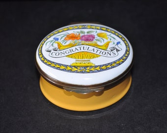 Vintage Crummles Enamel Trinket Box / Patch Pot "Congratulations". Gift boxed.