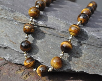 Vintage Tiger's Eye, Silver And Gold Tone Bead Necklace