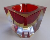 Vintage Murano Sommerso Faceted Red and Yellow Glass Block Ashtray
