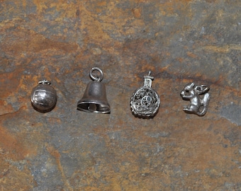 Vintage Sterling Silver Bell Charm, Bottle / Flask Charm, Football Charm, Squirrel Charm, Boxed. One supplied.