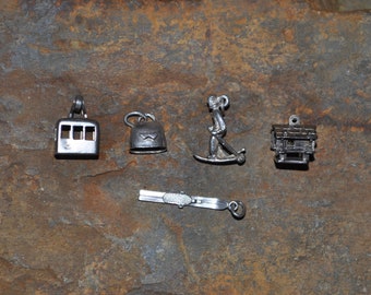 Vintage Sterling Silver Cable Car Charm, Swiss Chalet Charm, Ski Charm, Skier Charm, Cow Bell Charm, Boxed. One supplied.