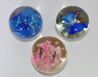 Vintage Chinese Flower and Dragonfly Glass Paperweight