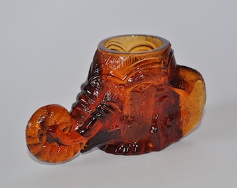 Vintage Degenhart Amber Glass Elephant Toothpick / Cocktail Stick Holder