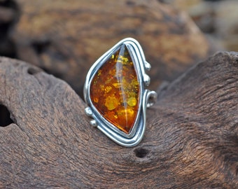 Vintage Sterling Silver & Baltic Amber Statement Ring Size P-Q  #1