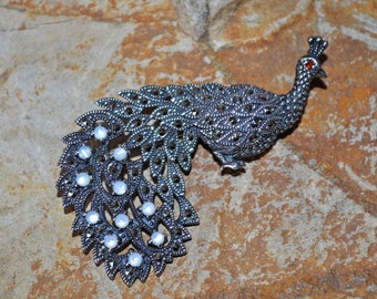 Vintage Sterling Silver Marcasite Peacock Brooch / Pin / Pendant