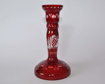 Egermann Bohemian Czech Cut To Clear Ruby Candlestick