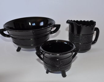 Antique, Victorian Davidson Black Milk Glass Cauldron Sugar Bowls and Milk Jug