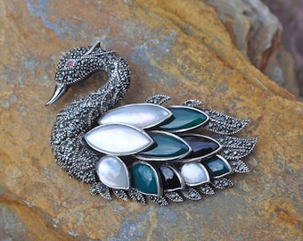 Vintage Sterling Silver Marcasite Swan Brooch / Pin
