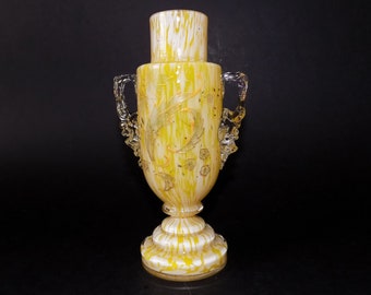 Antique Moser / Welz Bohemian spatter Glass Vase in Yellow / White #2