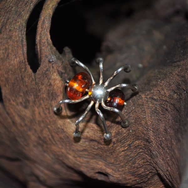 Vintage Sterling Silver & Baltic Amber Spider Brooch / Pin