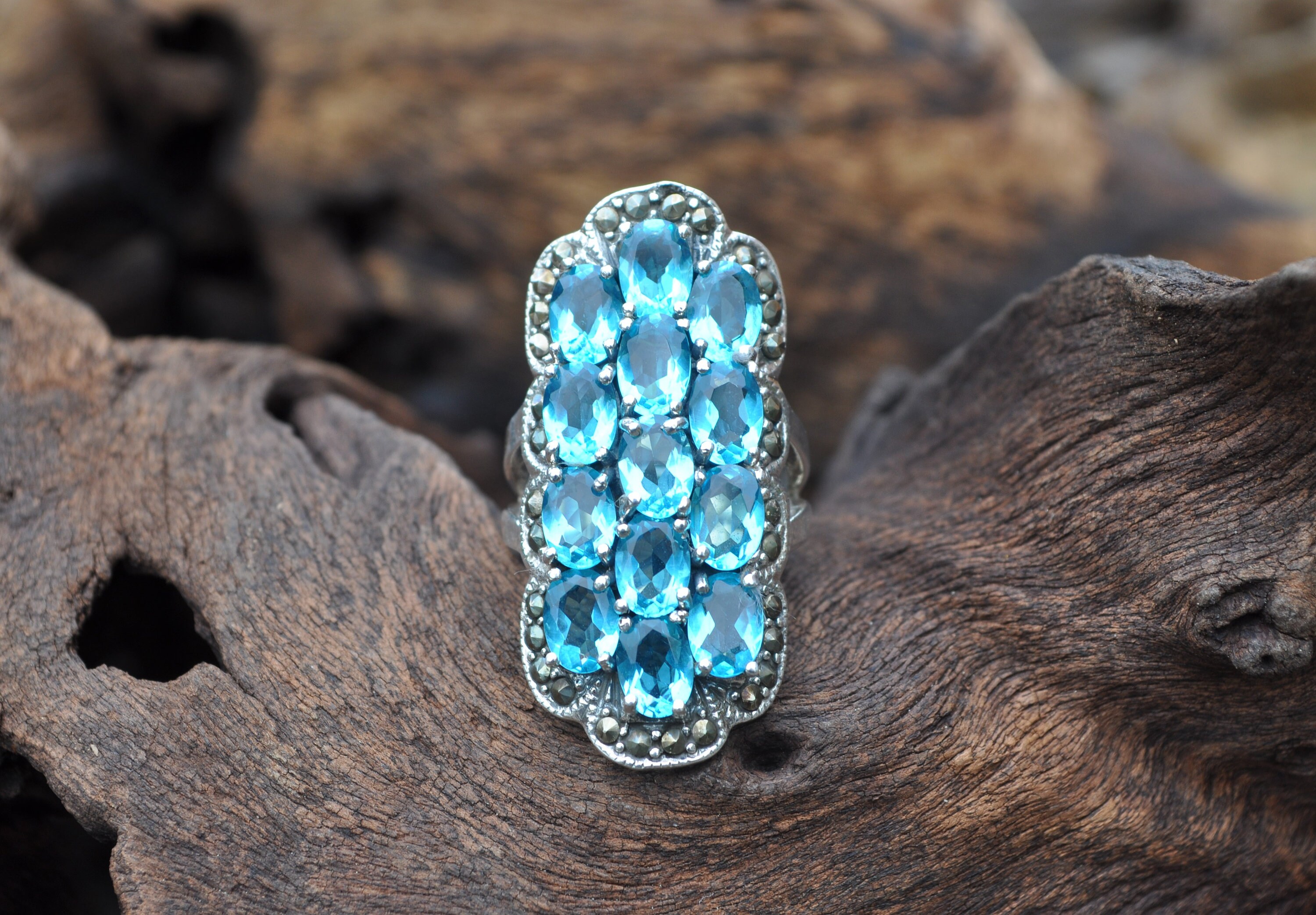 925 Sterling Silver Art Deco Ring - Square Topaz & Marcasite Stones, Vintage Style Statement Ring