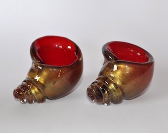 Vintage Pair of Murano Archimede Seguso Red Glass Shells With Gold Aventurine