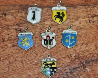 Vintage Sterling Silver Enamel Shield Charm, Tirol, Basel, Calella, Russelsheim, Munchen, Stuttgart, Nederland