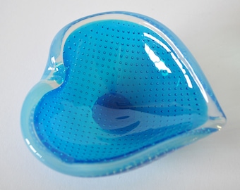 Vintage Murano Controlled Bubble Blue Opalescent Art Glass Heart / Leaf Dish