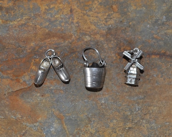 Vintage Sterling Silver Dutch Cloggs / Shoes Charm, Bucket Charm, Windmill Charm. Boxed. One supplied.