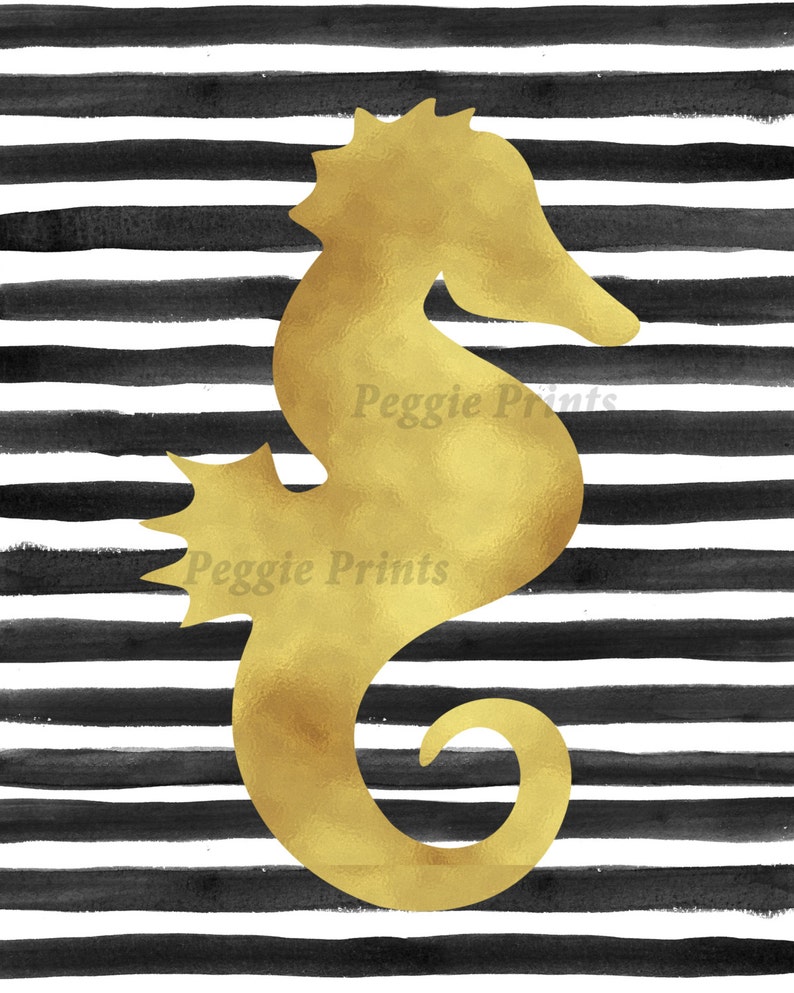 Gold foil seahorse print poster digital printable with black Etsy