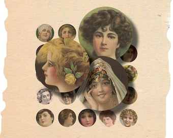 Vintage dames portretten digitale collage blad | 1 inch ronde digitale collage