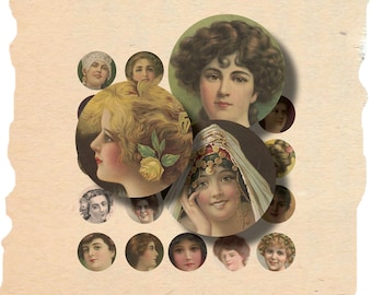 Vintage Ladies Portraits Digital Collage Sheet | 1 Inch Round Digital Collage