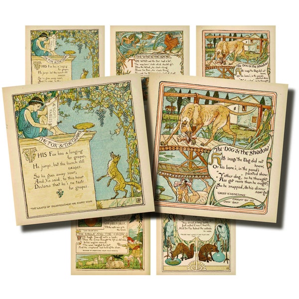 Digital Image Aesops Fables | Aesops Fables Illustrations 1880s | Digital Collage Sheet