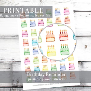 Birthday Reminder Printable Planner Stickers | Planner Sticker Digital Download | JPG, PNG, PDF, Sillouette Studio Cut File