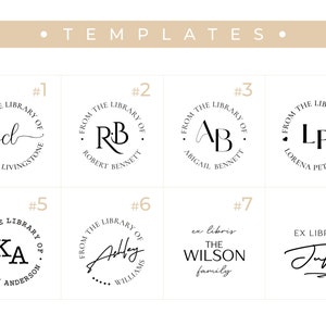 May include: Ten different bookplate designs with various fonts and styles. The designs include initials, names, and the phrase "From the Library of".