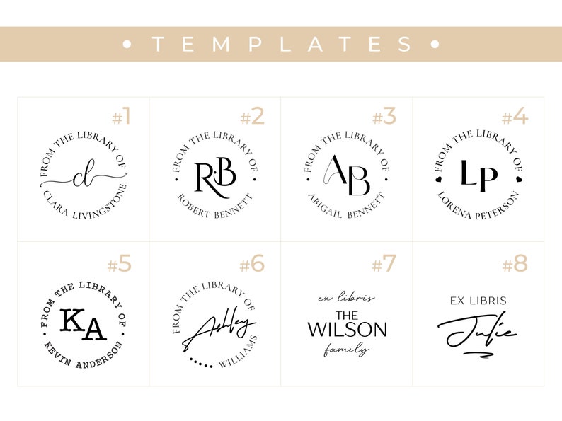 May include: Ten different bookplate designs with various fonts and styles. The designs include initials, names, and the phrase "From the Library of".