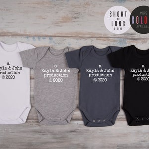 Coming Home Baby Outfit, Custom Name PARENTS PRODUCTION Bodysuit, Gender Neutral Baby Gift, Baby Shower Gift, Baby Girl, Baby Boy Clothes image 1