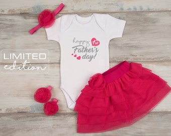 First Father's Day Baby Girl Outfit, Happy 1st Father's Day White Bodysuit, Pink Tutu, Headband & Barefoot Sandals