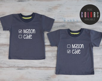 Twin Boys Shirts, Personalized Set of 2 Matching Toddler, Youth or Adult Shirts, Cute Funny Twin Gifts