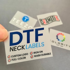Mais de 50 etiquetas de transferência térmica personalizadas com seu logotipo, etiquetas de pescoço DTF personalizadas para roupas, laváveis, coloridas