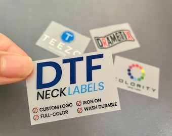50+ Custom Heat Transfer Tags, Full Color Logo, Personalized DTF Neck Labels for Clothing