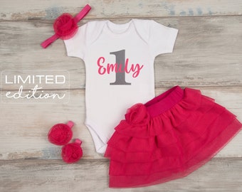 First Birthday Outfit Girl, 1st Birthday Girl Personalized White Bodysuit, Pink Tutu, Headband, Barefoot Sandals, Summer 1st Birthday Girl