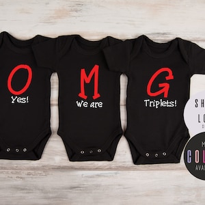 Triplet Clothing, OMG Yes We Are Triplets Funny Set of 3 Matching Bodysuits, Triplet Baby Shower, Triplet Gifts, Triplets Announcement image 1