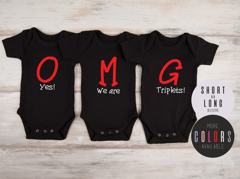Triplet Clothing, OMG Yes We Are Triplets Funny Set of 3 Matching Bodysuits, Triplet Baby Shower, Triplet Gifts, Triplets Announcement image 1