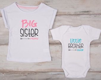 Big Sister Little Brother Outfits, Personalized Little Brother Baby Bodysuit & Personalized Big Sister Shirt