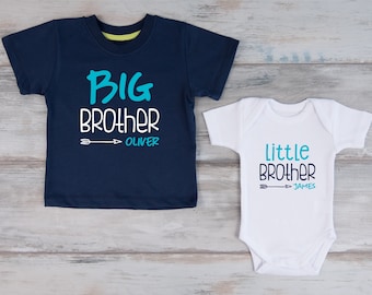 Big Brother Little Brother Personalized Shirts, Navy T-Shirt & White Baby Bodysuit Set