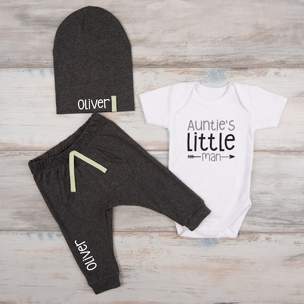 Nephew Baby Gift, Auntie's Little Man Baby Boy Bodysuit, Personalized Hat, Pants, Baby Nephew Gift, Auntie Baby Boy Clothes, Aunt Baby Gift