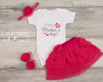 First Mothers Day Baby Girl Outfit, Happy 1st Mothers Day White Bodysuit, Pink Tutu, Headband & Barefoot Sandals