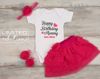 Happy Birthday Mommy Personalized White Bodysuit, Pink Tutu, Headband, Barefoot Sandals, Birthday Gifts For Her, Birthday Gifts For Mom