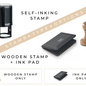 May include: Three different types of self-inking stamps. The first is a black self-inking stamp with a clear top. The second is a black self-inking stamp with a hinged lid. The third is a wooden stamp with a brown ink pad.